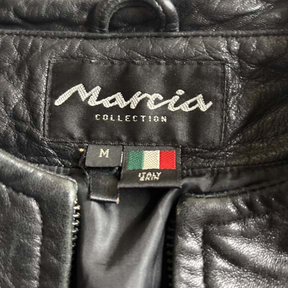 Marcia Collection Black Collarless Ruffled Leather Jacket - Size M - Picture 2 of 7